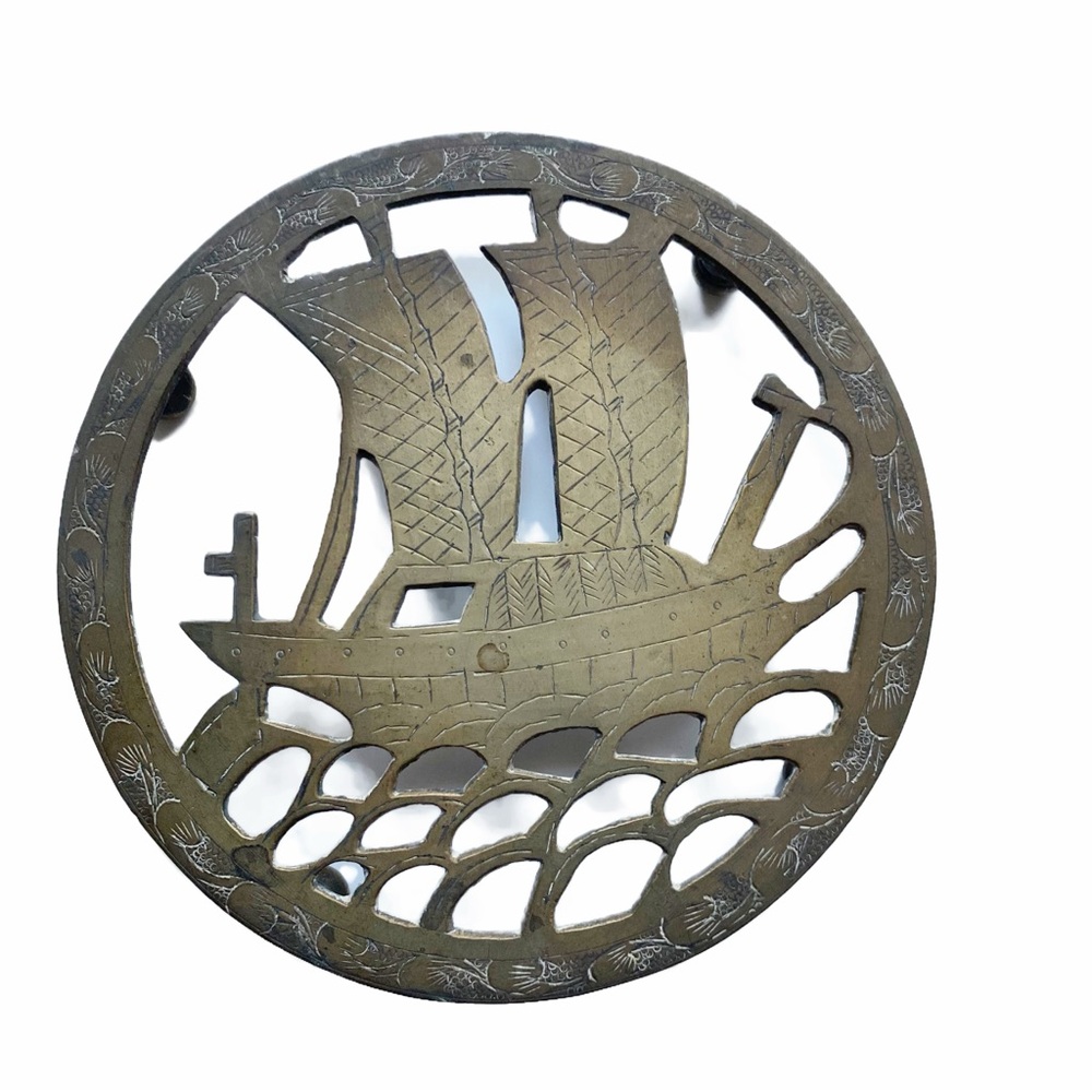 Vintage Brass Trivet, Boat at Sea